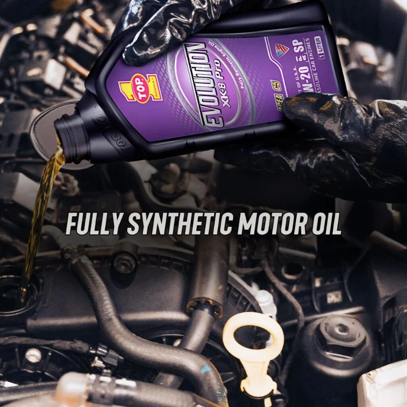A hand pouring a bottle of Evolution XK-8 Pro engine oil into the car's engine.