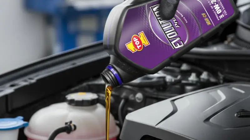 Mechanic hand pouring TOP 1 Evolution Pro engine oil in the car