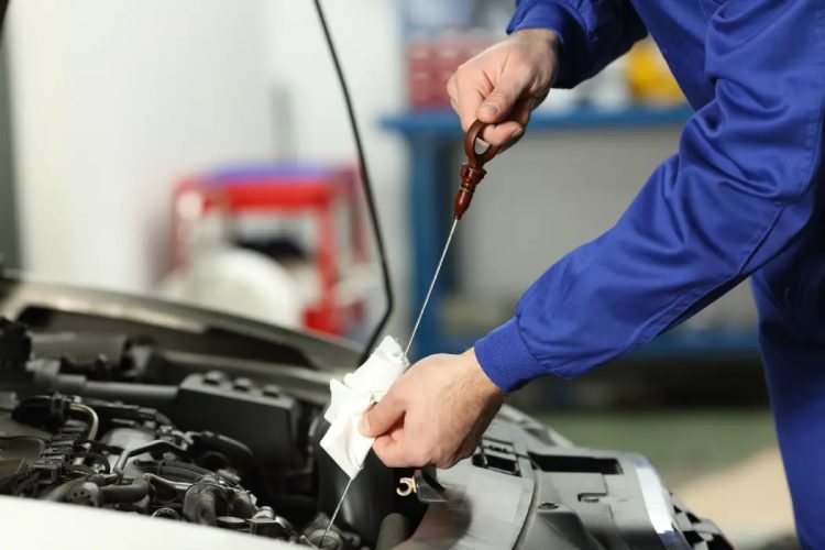 Car mechanic holding a stick and checking oil level